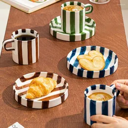 Mugs Porcelain Stripe Coffee Mug With Tray Ceramic Kitchen Drinkware Tea Cups And Microwave Oven Dishwasher Safe 250ml