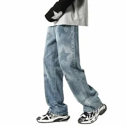 Erkekler Bol kot yıldız baskı düz denim pantolon hip hop sokak kıyafeti lüks desinger retro y2k gevşek pantolonlar için kot p47q#