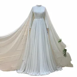 Ciynsia Elegant Chiff Beaded Muslim Wedding Gowns Cape Hijab Islamic Bridal Dr High Neck Abaya Lg Sleeves Bride Robe D2Y4＃