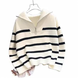 swobodny sweter kobiety zamek błyskawiczny w paski w paski Pull femme grube swobodne sueter 2022 Ropa Mejr Knit Coursed Cardigan Coat T2KW#