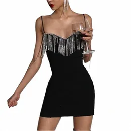 Xeemilo Summer Party Masry Chain Design Dr Sexy nero con scollo a V da sera Club Dres elegante Fi Slim Abiti a438 #