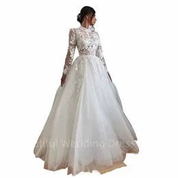 elegant Vintage High Neck Tulle Wedding Dres 3D Appliques Lace A Line Princ Lg Sleeve Bridal Gown Robe Vestido De Novia 05xJ#