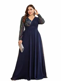 Xuibol Plus Size Luxury Chiff LG Sleeve Evening Dres women Sequin Sequin Blue Wedding Party Cocktail Prom Floer Lenght Gowns P6SV＃