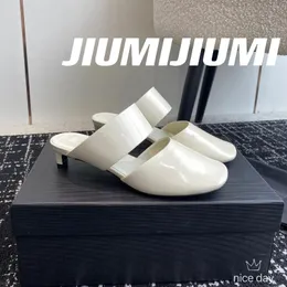 Slippers 2024 Jiumijiumi est Summer موجزة جلدية حقيقية ضحلة مستديرة مستديرة القطط الكعب امرأة البغال أحذية Sapato Feminino