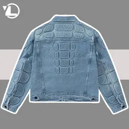 Retro konvex sköldpaddsskal denimjacka män hiphop rippade hål löst hajuku bombplan rockar beskurna gata höst jeans outwear 240319