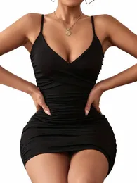 Ruched bodyc spaghetti dr, sexig baksida v-ringning cami dr, kvinnokläder g5hi#