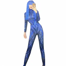 Fling Blue Ensected LG Sleeve Phemsuit Women Birthday Celebrate Party Bar Bar Nightclub Dance Costume Show Stage Wear y0py#