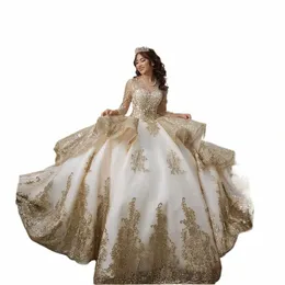 Lorencia oro dell'innamorato in rilievo Quinceanera Dres con manica Lg Princ dolce 16 15 abiti di sfera Abiti da festa YQD39 W8xj #