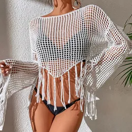 انظر من خلال Hollow Out Bikini Cover Ups Tops Women Beachwear Flared Long Sleeve Tassel Smock Crops Tops Swimsuit-Up 240315