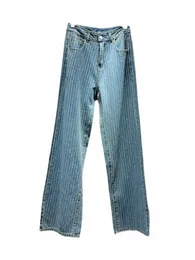 Deat jeans feminino cintura alta listrado vertical hot fix rhineste diamd solto calças jeans retas 2024 verão novo fi 25CQ #