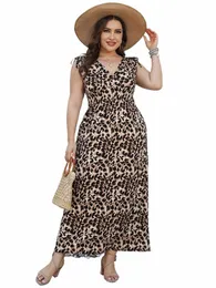 Gibsie Plus Size Leopard Print Knoten Schulter Sommer Maxi Dr Frauen Vacati Strand Hohe elastische Taille Sleevel Boho Dres Z55j #