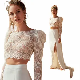 lsyx Boho Two Pieces Lace Top Lg Puff Sleeves Wedding Dres High Side Slit O-Neck Backl Sweep Train Princ Illusi m5eA#