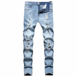 FI män byxor 2023 Nya fyra havs andningsbara rippade jeans tidvatten klassiker stil streetwear manliga denim byxor blå stor storlek 3615#