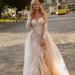 Vestidos sexy urbanos luxuosos destacáveis 2 em 1 vestido de casamento indústria pesada talão bordado trem o-pescoço manga cheia vestidos de noiva vintage botão traseiro yq240329