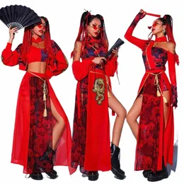 Chiński styl Jazz Performance Ubrania Red Black Festival Stroje Hip Hop Ubrania dla dorosłych Gogo Dance Costume J53V#