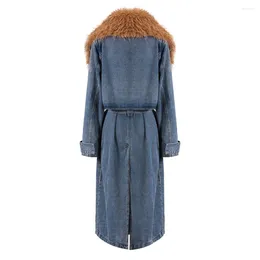 Fashion Denim Trench Coat Womens Winter Fur Collar Long Coat