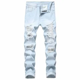 Neue Fi Hellblau Zerrissene Jeans Männer Hosen Cott Denim Hosen Knie Große Löcher Männliche Hohe Qualität Casual Jeans Plus größe 36ya #