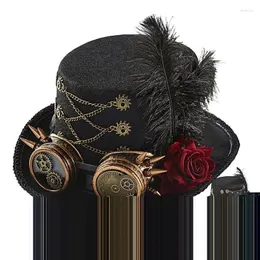 Decorazione per feste Steampunk Cappello a cilindro Costume gotico Carnevale Cappelli unisex con occhiali Catene per copricapo di Halloween per feste di cosplay Film