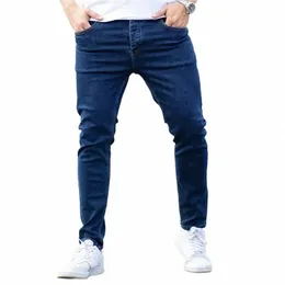 Calças de brim dos homens magro ajuste qualidade cinza casual masculino calças jeans magro ajuste calças masculinas hip hop streetwear 98% cott denim calças b6hm #