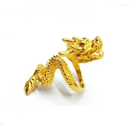 Cluster Rings 24K Yellow Gold Color Ring For Men Father Brother Jewelry Adjustable Embossed Dragon Hollow Finger Fine Gifts