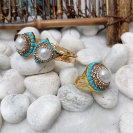 Uppsättningar naturlig pärla turkosa utsmyckade ringarmband set damer personlighet enkel elegant delikat temperamentsmycken