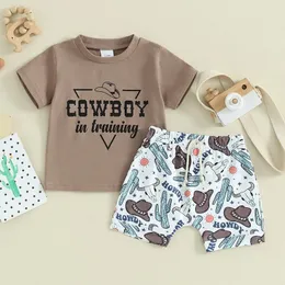 Roupas conjuntos de roupas bebês meninos de verão verão de manga curta de capa de cowboy tops t-shirt elástica de shorts de shorts