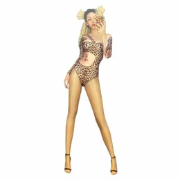 Sexy leopardo impressão bodysuit rhinestes trajes bodysuit boate para dj dançarino cantor palco wear traje feminino roupas sexy m6qt #