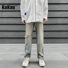 Jeans masculinos Kakan-Gaojie angustiado estilo vintage pequeno zíper reto casual K09-900