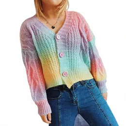 Omchion Sweters Women Invierno 2023 Autumn Loose Rainbow Gradient Short Cardigan V-Neck LG Sleeve Sweater Coat Sticked Tops T5DP#