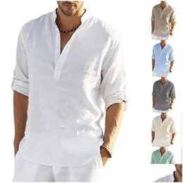 Camisas casuais masculinas homens homens botão solto camisa moda v pescoço cor sólida manga longa manguito cinto verão diário tops camisa mascin gota dh27f