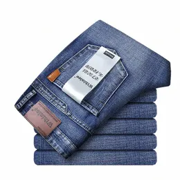 Busin Męskie dżinsy swobodne proste odcinek Fi Classic Blue Work Denim Spodni Mężczyzna Wthinlee Brand Ubranie Rozmiar 28-40 V3XB#