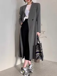 Ternos femininos superaen cinza com decote em v casaco primavera 2024 estilo coreano solto rendas até moda feminina blazers e jaquetas