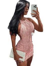 Kliou Tassel Patchwork Brilhante Mini Dr Mulheres Halter Bandage Impressionante Backl Sleevel Skinny Vestido Feminino Party Clubwear i0sh #