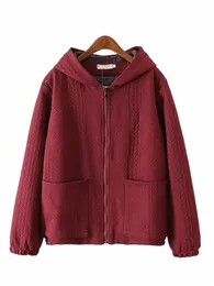 Plus Size Women's Autumn Winter LG Sleeves Woven Fabrics Sweatshirt With Pocket Zip-Up Cardigan Thick Cott Hooded Jacket X5TU#
