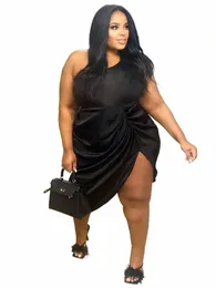 ZJFZML ZZ Plus Size Dres Kvinnor kläder Elegant lutande axelärmlig Ruched Side Split Celebrity Birthday Vestidos B55T#