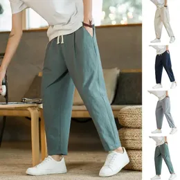 Calças masculinas soltas retas cordão nono com bolsos de cintura elástica respirável tornozelo comprimento sweatpants para usar 240326