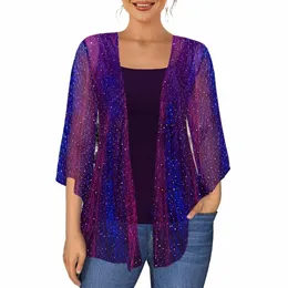 Plus Size Natal Roxo Sparkly Glitter Tecido Kimo Blusa de Duas Peças V6bo #