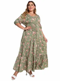 Gibsie Plus Size Blumendruck Knoten Frt Rüschensaum Sommer Dr Frauen Vacati Boho Puffärmel Split A-Linie Maxi Lg Dres e3kT #