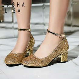 Sukienka Orcha Lisa Pasp Pumps Pumps Wedding Cearak Glitter Rhinestone Burekble Chunky Heels Party Gold Silver 32 43