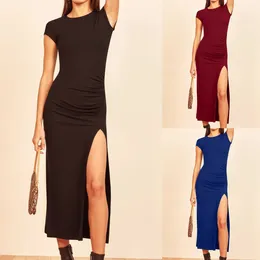 Casual Dresses Sexy Solid Bodycon Dress Mature Girls Slim Bag Hip Slit Long Skirt Short Sleeve O Neck Midi For Women Elegant Summer