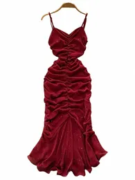 singreiny partito di sera delle donne della sirena Dr estate 2022 increspato Backl sexy elegante delle signore di stile francese solido Lg Dres W38m #