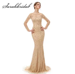本物の画像長袖イブニングドレス2019 Oneck Illusion Zipper Elegant Mermaid Beading Train Prom Gown7673788