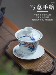 Set da tè in ceramica puramente fatta a mano Gaiwan Set da tè in porcellana bianca e blu dipinta a mano di fascia alta che fa copertura per tazza da tè singola