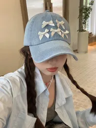 Bollmössor tvättade denim Bow Baseball Cap Women 2024 Japanese Retro Old Soft Top Spring Summer Sun