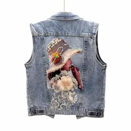 Frauen Diamd-verkrustete FR Denim Weste abgeschnitten Ärmel Top koreanische Fi Streetwear Designer Weste Mantel trendige Weste o73W #