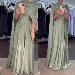 Luxury Evening Dresses with Cape Olive Green A Line Prom Dress Crystal Beaded Pleat Long Arabic Dubai Formal Wears