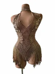 Nytt Shiny Gold Rhinestes Bodysuit Sexig paljetter Jumpsuit Festival Outfit Evening Prom paljett Tassel Birthday Firar Costume 03ZF#