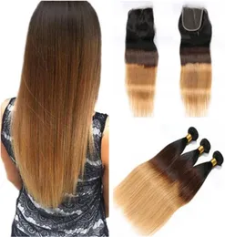 1B 4 27 Honey Blonde Ombre Brazilian Hush Hair Weaves Straight Weaves with Three Three Ponted 4x4 Front Lace Closure with 3Bund7692736