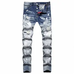 2022 Fiable Рваные джинсы с цифровым принтом Эластичные брюки-карандаш Средний хип-хоп Повседневная джинсовая уличная одежда V3iI #