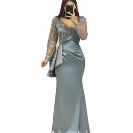 Flavinke Elegant Mermaid Evening Dres 2024 Sparkly V-Neck LG Sleeves Pleated Prom Dr Ruffles Shiny Satin Party Gowns O1pd#